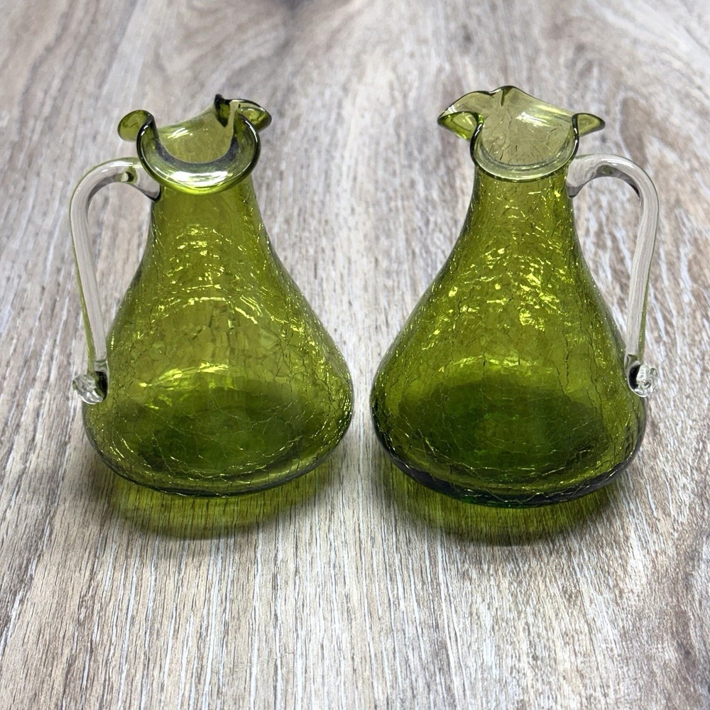 VTG Handblown BLENKO Green Crackle Glass Mini Pitcher /Vase 4" Set of 2